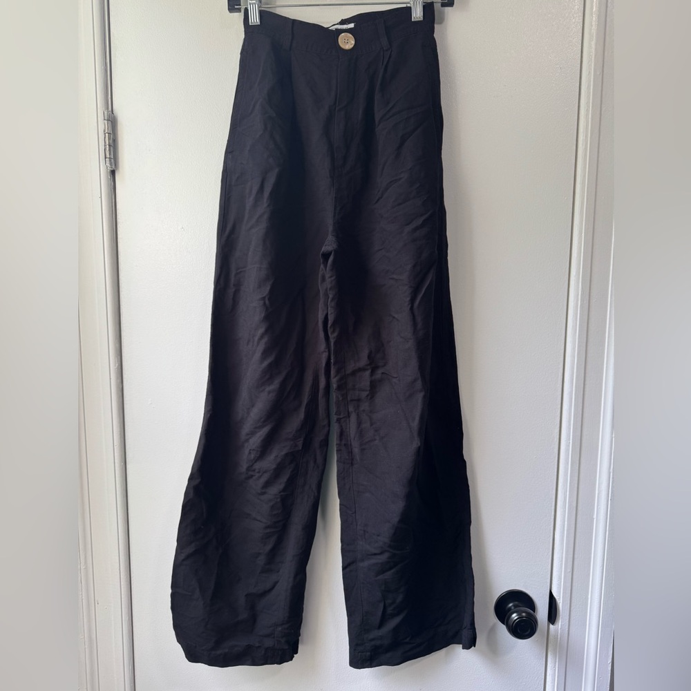 & Other Stories Black Linen Blend High Rise Pleated Wide Leg Trousers Pants